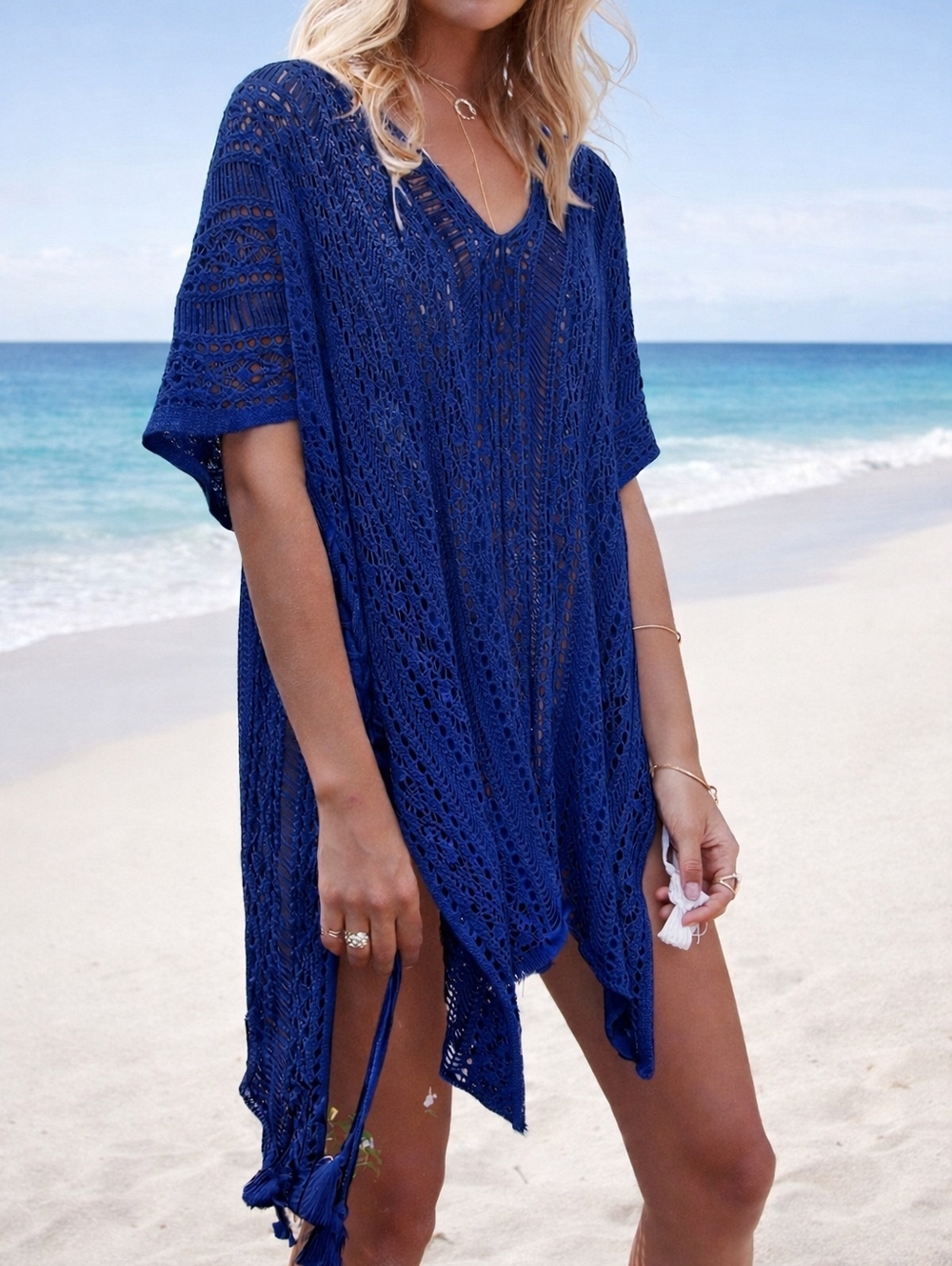 Boho Crochet Swim Cover-Up Dress | Navy Blue Beach Resort Tunic | Size M NWT - Picture 2 of 3